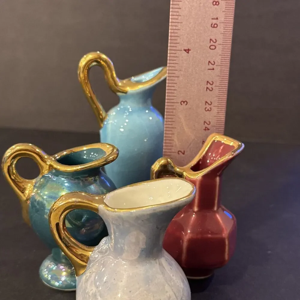 Vintage Set of 4 Mini Pottery Pitchers Colorful Gold Trim Studio Art Style